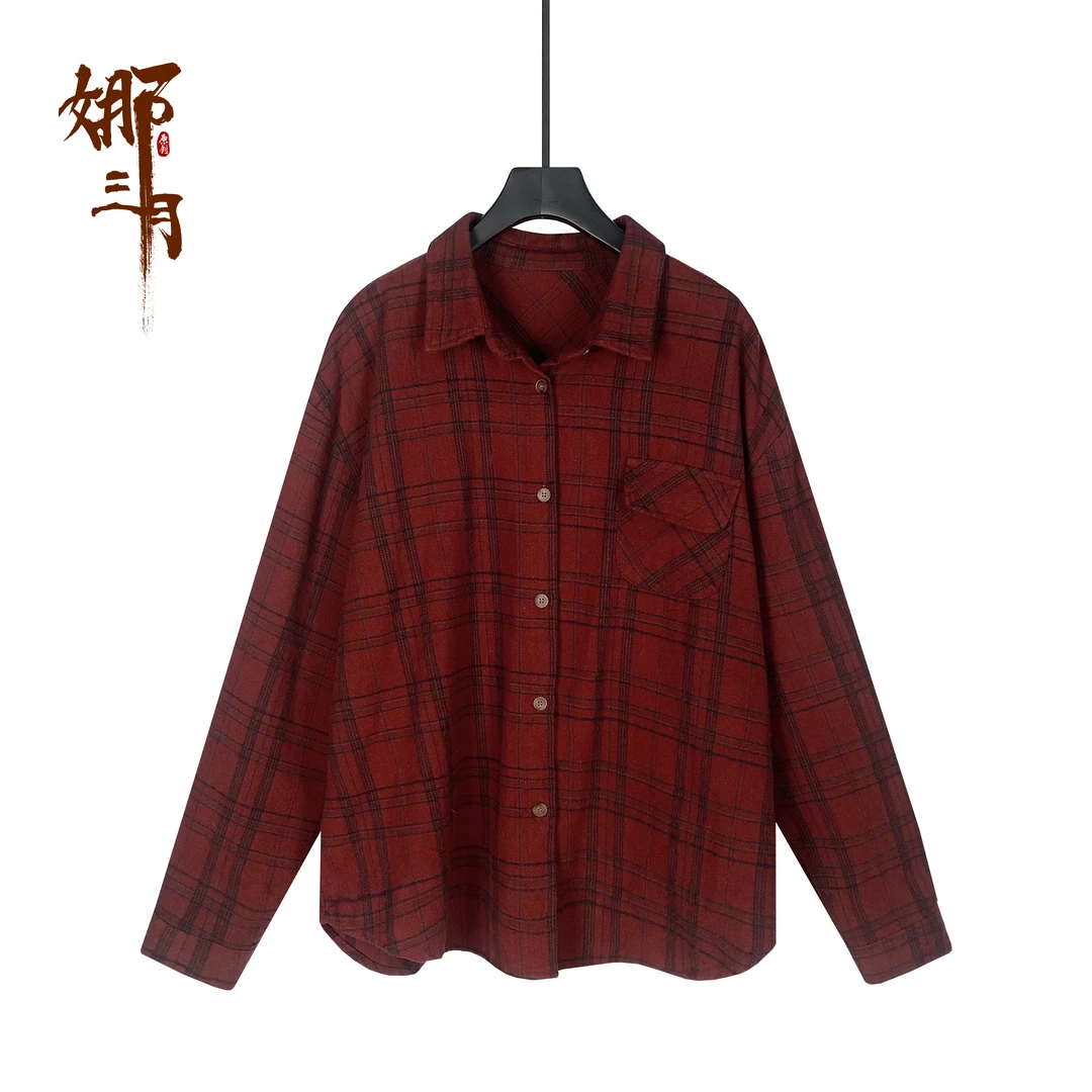 【文艺】秋冬复古磨毛氛围感格子衬衫363226