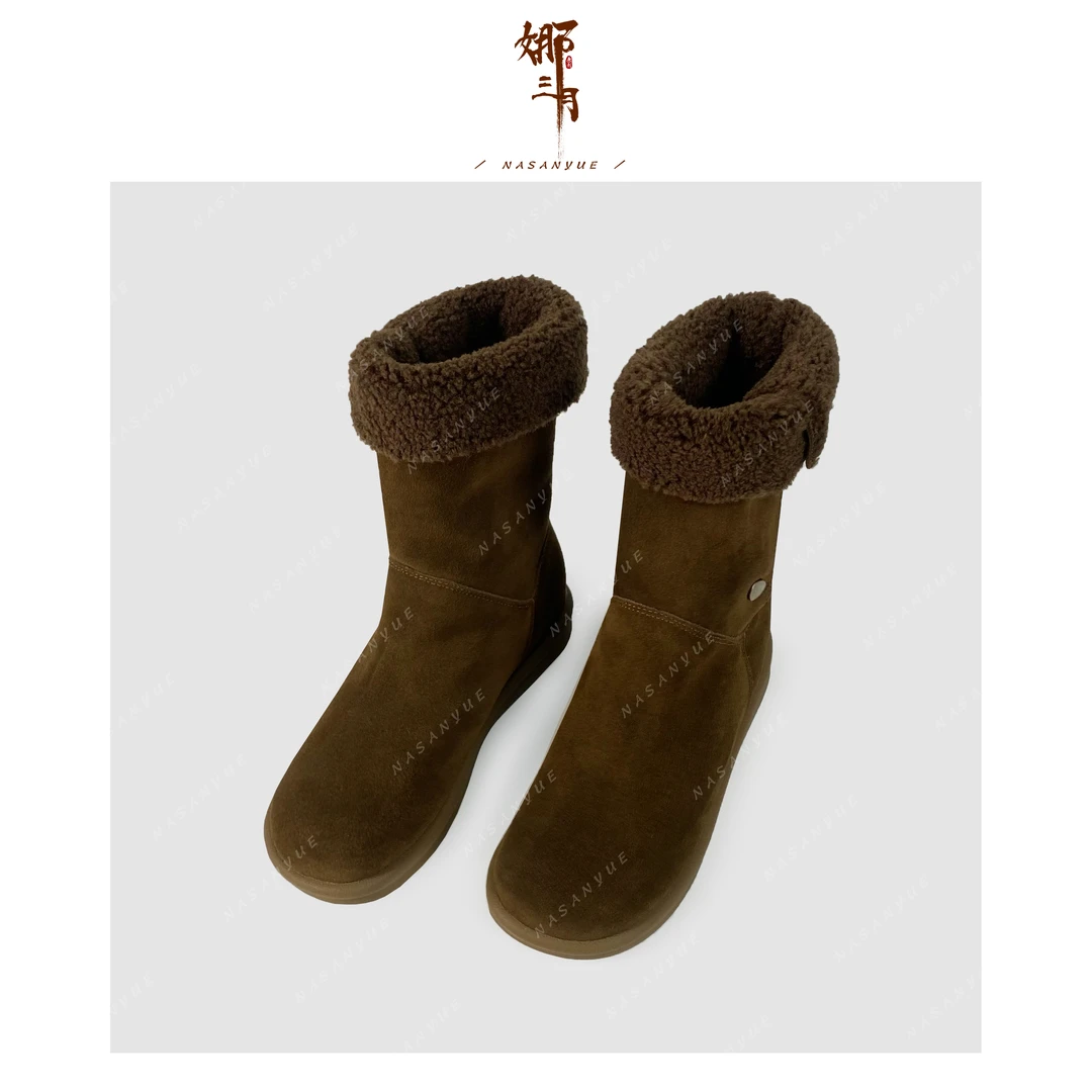 娜三月【磨砂牛皮】百搭复古减龄圆头冬季加厚绒真皮靴088-5