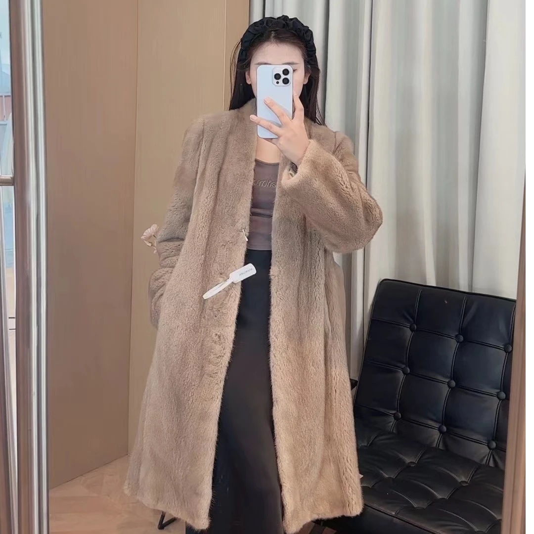【园园】进口天鹅绒整貂貂皮大衣女水貂皮草外套系带长款