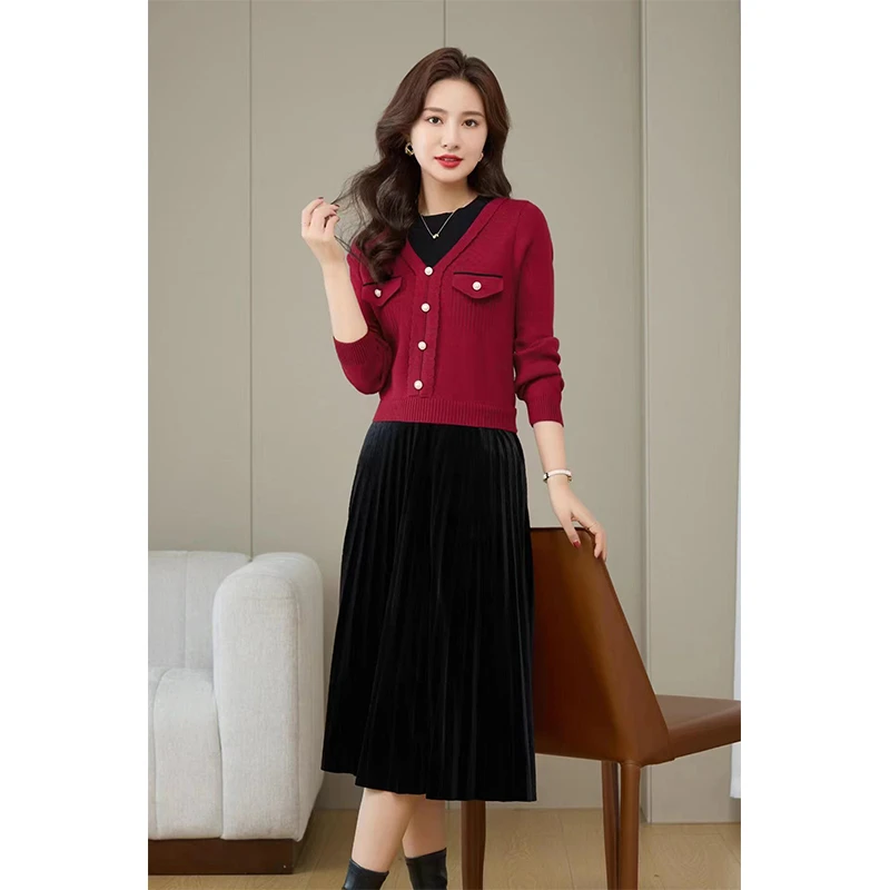 假两件针织连衣裙女长袖2024韩版时尚拼接撞色毛衣裙气质显瘦打底