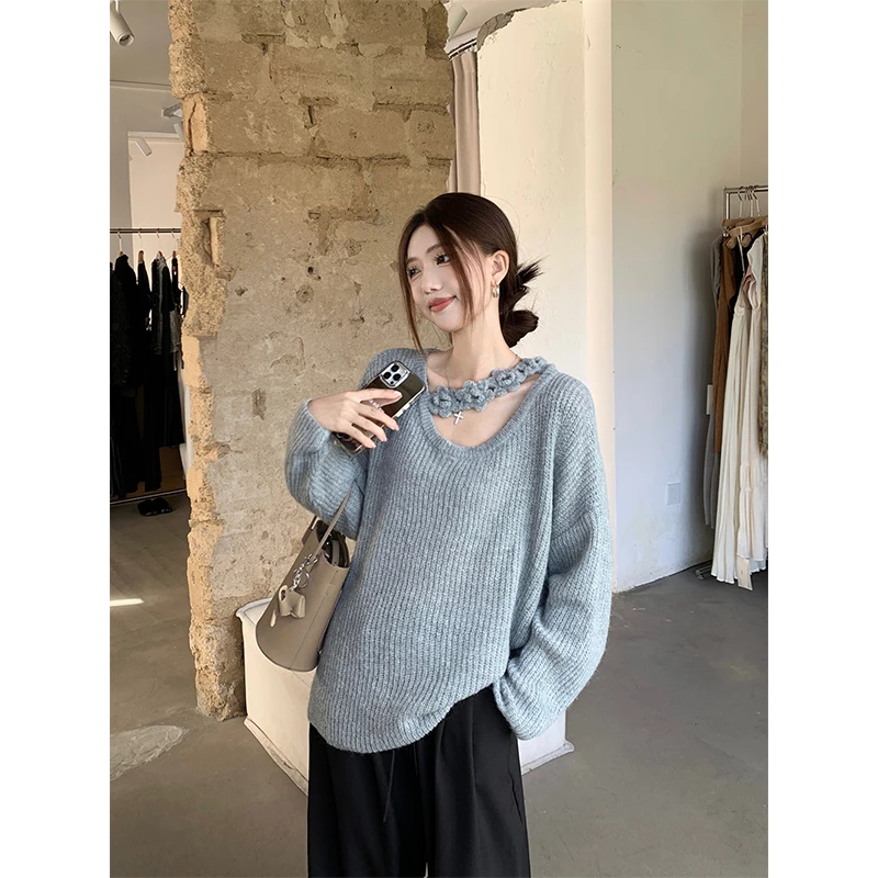 韩系气质慵懒风花朵毛衣2024秋季新款设计感宽松长袖针织衫上衣女