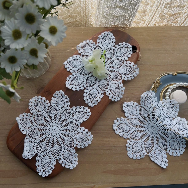 S126-1细线钩针雪花杯垫19cm白色棉质 1片（有氧化）