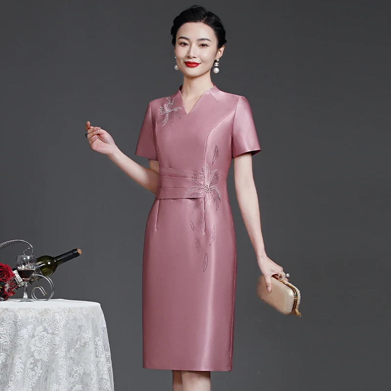 08喜婆婆喜妈妈丈母娘女装婚礼宴会粉色大码新款显瘦礼服连衣裙子