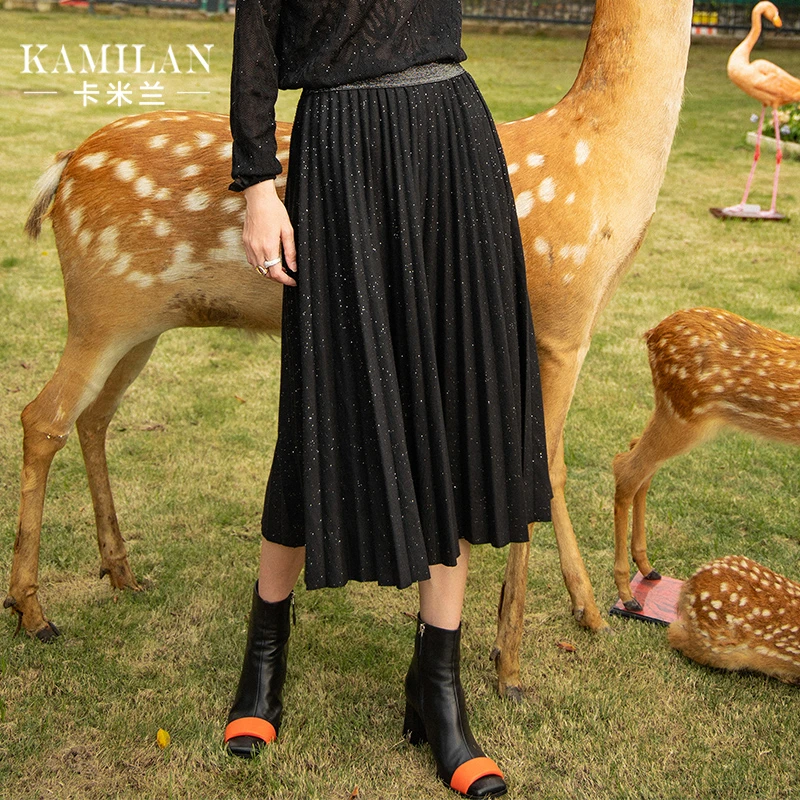 卡米兰裙子女2022年新款秋装针织半身裙时尚中长款高腰显瘦A字裙
