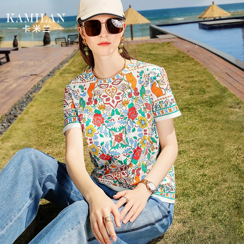 卡米兰T恤女2024年夏季新款宽松短款圆领套头短袖印花上衣