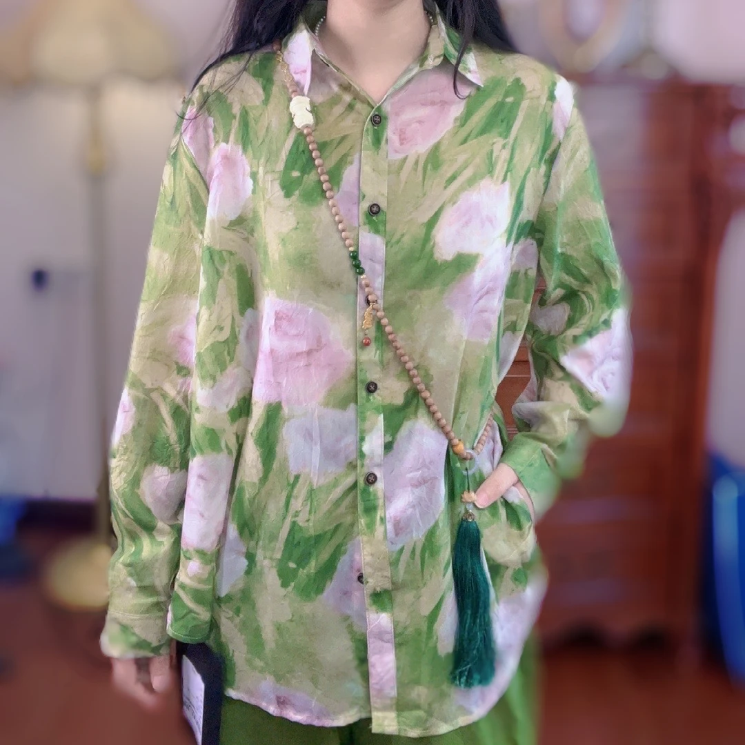 时尚休闲领薄款印花长袖衬衫女2025春夏宽松百搭上衣潮