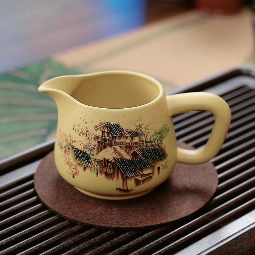 1015大号原矿紫砂茶具高档黄金段泥点彩山水公道杯XY250cc左右