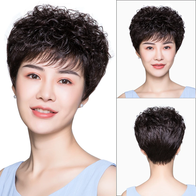 中老年年轻女短发真人发丝圆脸自然造型真发全头套妈妈蓬松短卷发