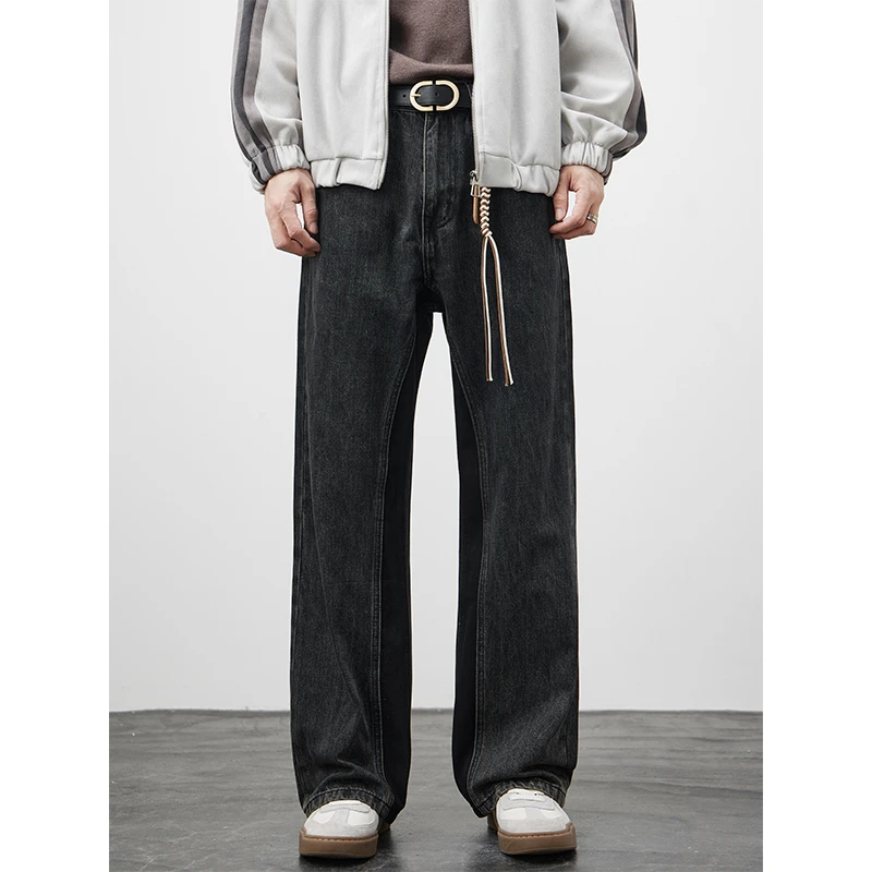 Kuvine秋季新款黑色拼接宽松直筒牛仔裤男款百搭春秋休闲阔腿裤子