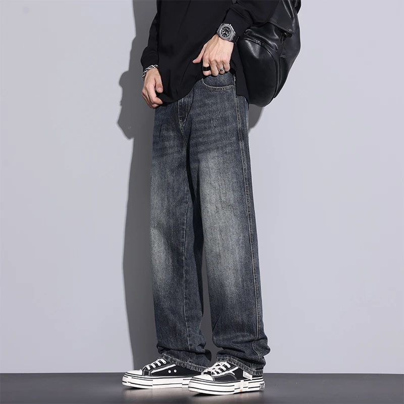 Kuvine秋季新款百搭宽松直筒男士牛仔裤秋冬美式阔腿休闲垂感长裤