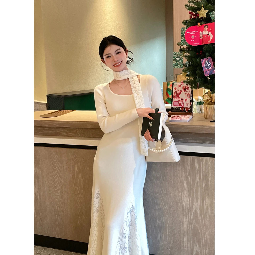 李慧一【月光女神】法式浪漫长裙厚款蕾丝拼接针织毛衣节日必备款