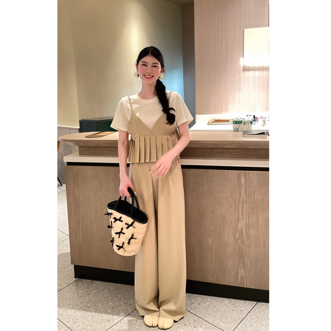 李慧一【米兰】夏季时尚短袖显瘦三件套装裤休闲法式宽松裤子款