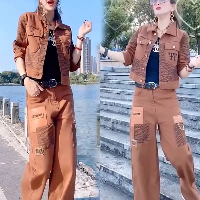 2024秋季气质时髦欧货翻领水洗牛仔翻领短外套阔腿裤两件套装