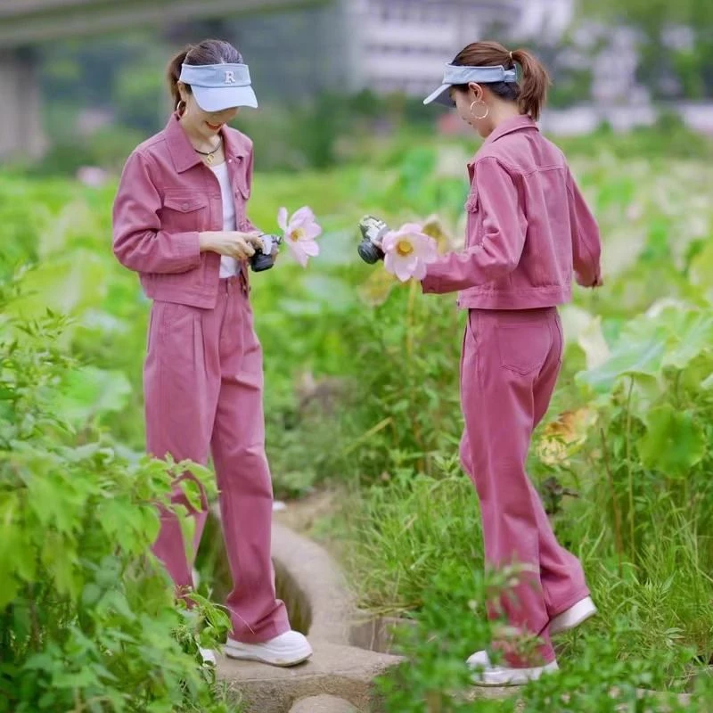 设计感粉色牛仔套装女2024秋季新款今年流行高端洋气质减龄两件套