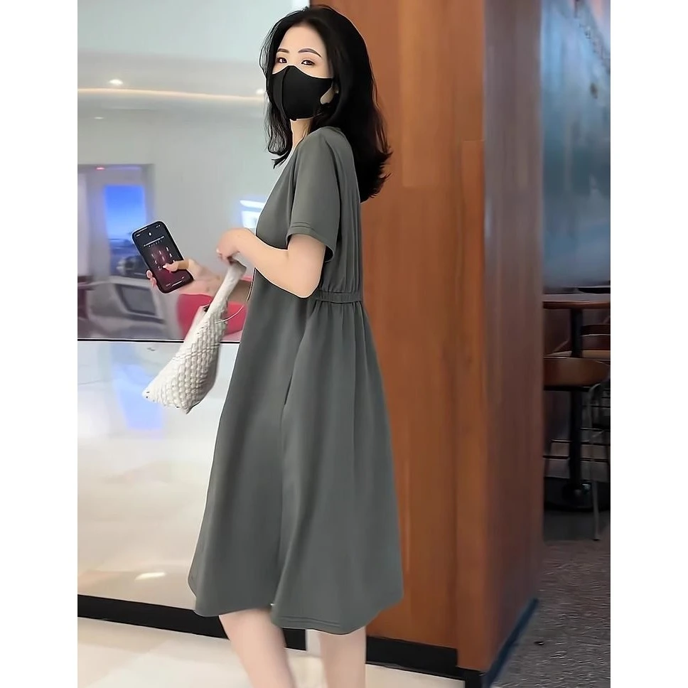 欧货2024新款夏季墨绿色休闲宽松短袖t恤小个子连衣裙穿搭女装潮