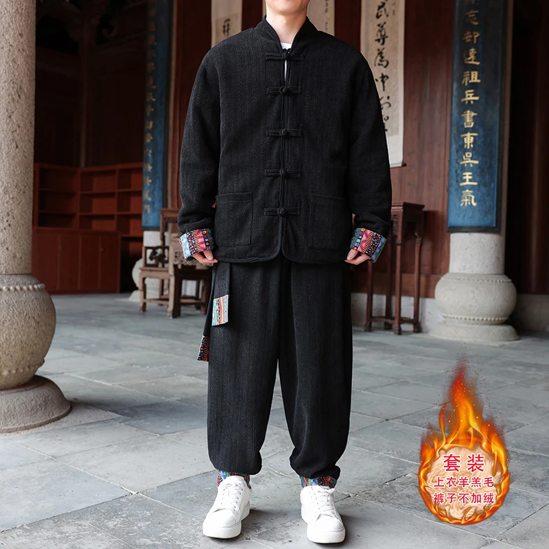 新中式藏式印花棉衣男士唐装套装中国风两面穿羊羔绒保暖加厚棉袄