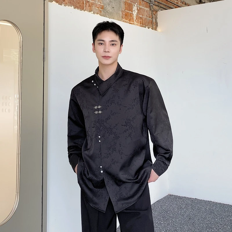 小众设计感痞帅金属扣衬衫男长袖新中式国风男装缎面提花宽松衬衣