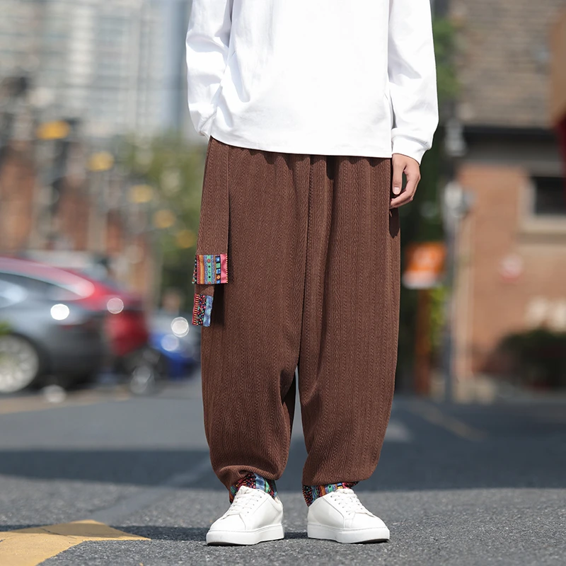 新中式复古麦穗纹男裤子复古灯芯绒重磅卫裤中国风印花宽松哈伦裤