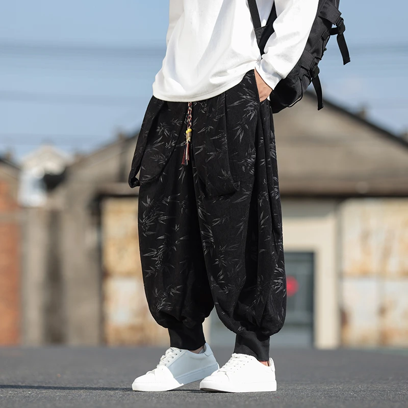 复古风个性飘带灯芯绒裤子男新中式国风提花设计感宽松束脚运动裤