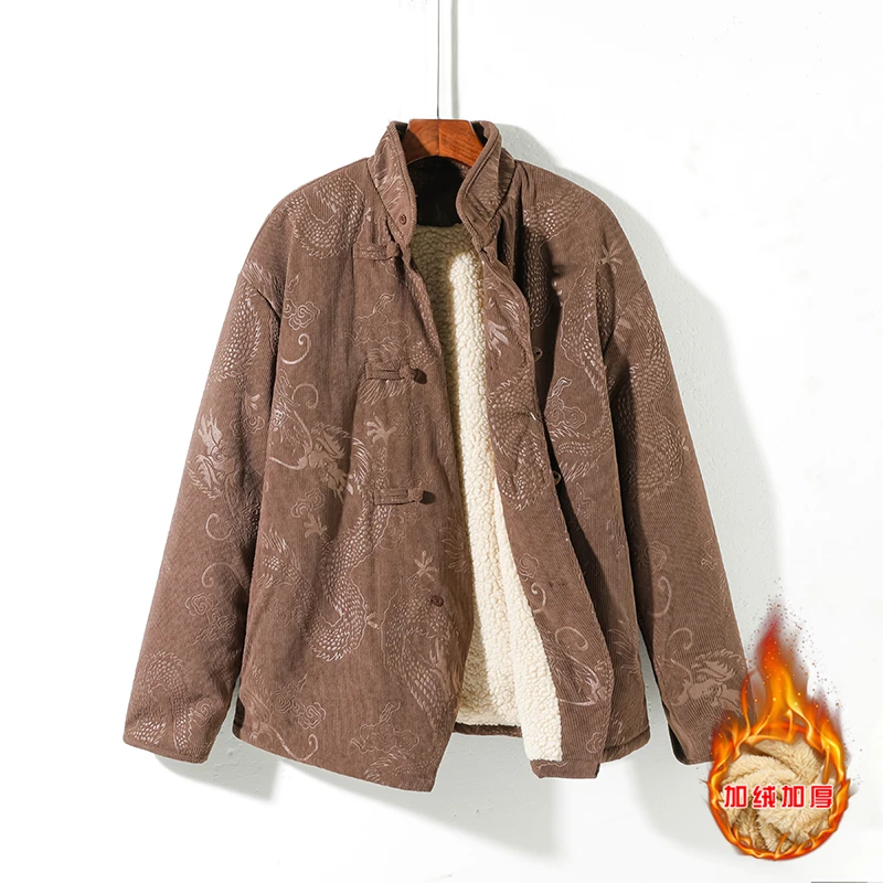 唐装外套男士灯芯绒棉衣冬季新中式国风提花斜襟盘扣羊羔毛棉袄子