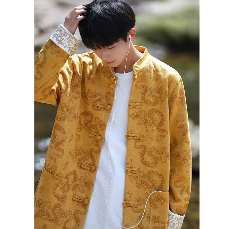 中国风龙袍提花唐装男士麂皮绒外套新中式复古汉服立领中山装夹克