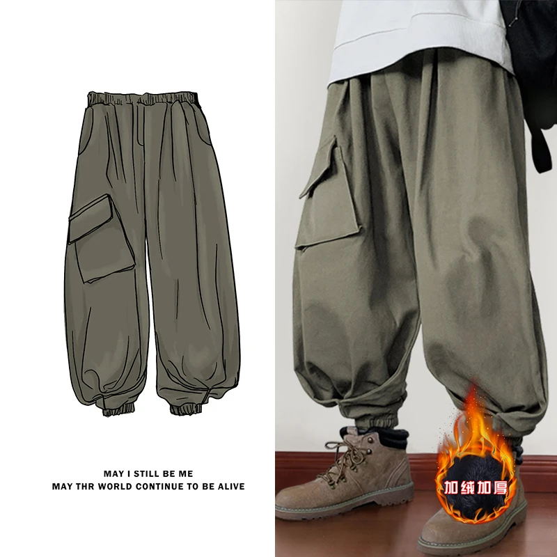 美式高街配马丁靴裤子男士大码肥佬军绿色工装裤秋冬加绒阔腿长裤