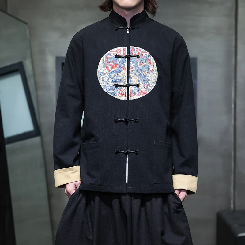 中国风龙纹刺绣唐装外套男新中式立领盘扣夹克复古潮牌大码中山装