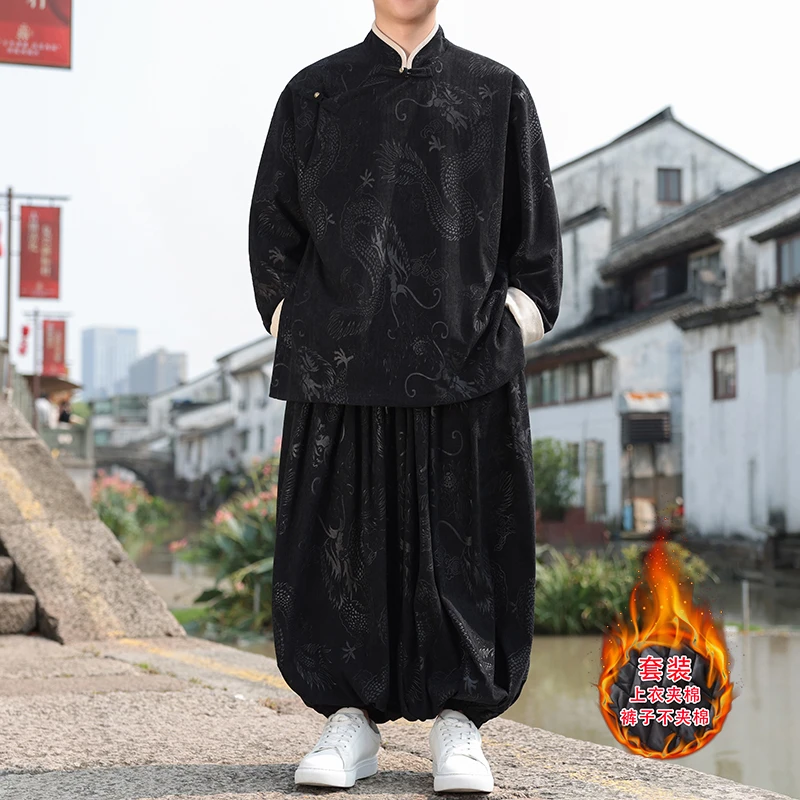 中国风龙纹提花汉服套装男士加厚保暖棉衣冬季新中式立领唐装马褂