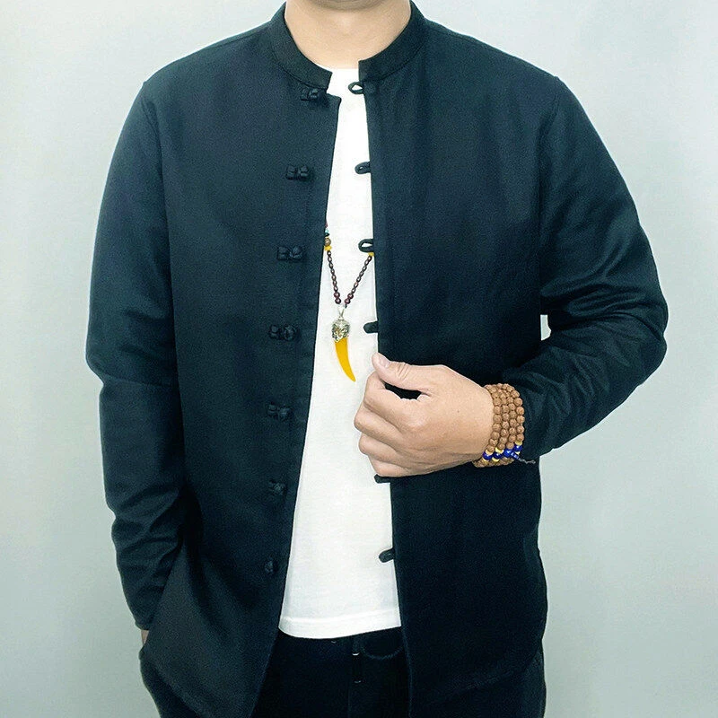 冬季男士加绒加厚唐装衬衫中国风棉麻长袖上衣复古新中式盘扣外套