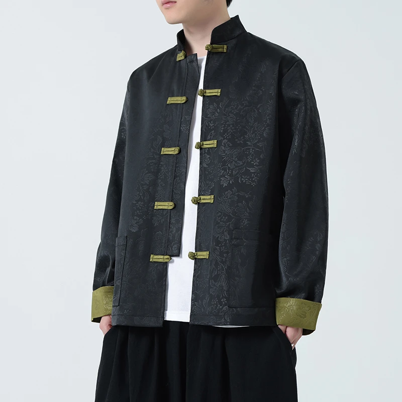 中国风提花茶服外套男秋冬季新中式立领唐装撞色盘扣大码汉服夹克