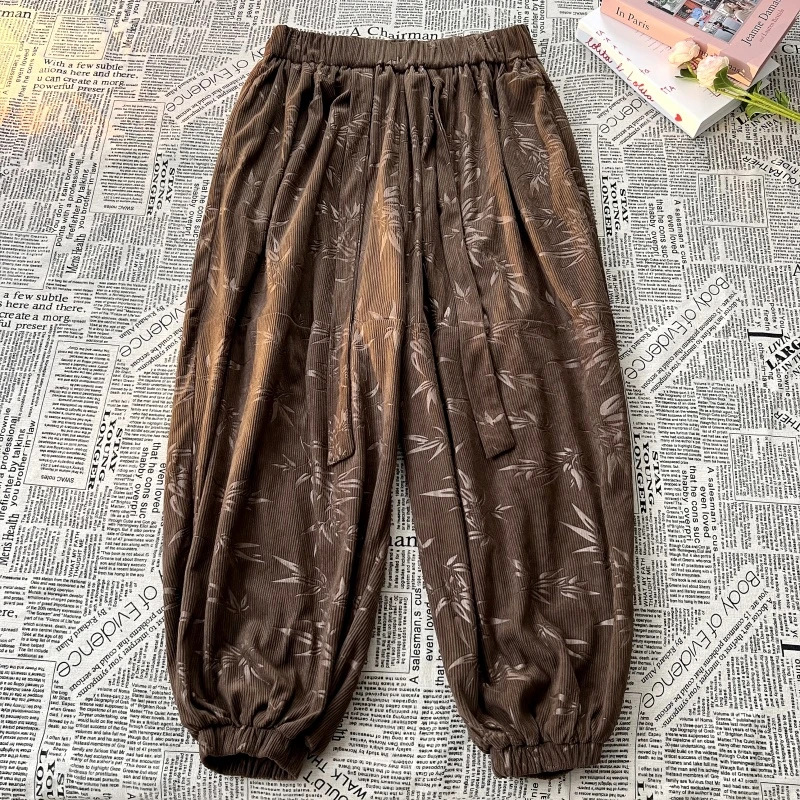 新中式男装复古灯芯绒阔腿灯笼裤大码胖子中国风印花宽松运动卫裤