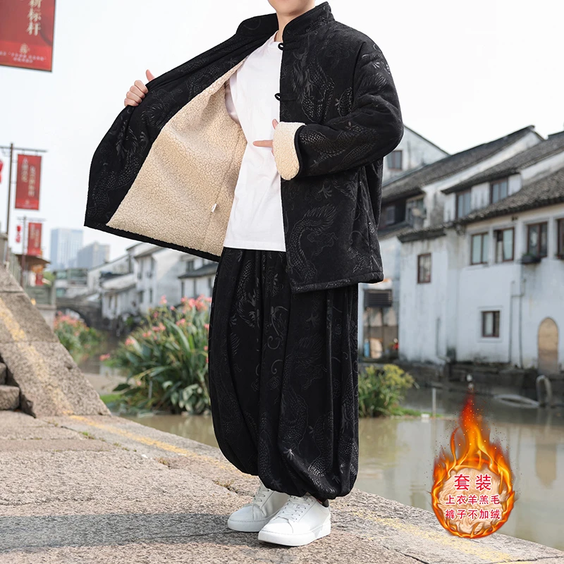 冬季新款灯芯绒棉袄外套男士中国风棉衣套装大码羊羔毛绒棉服唐装