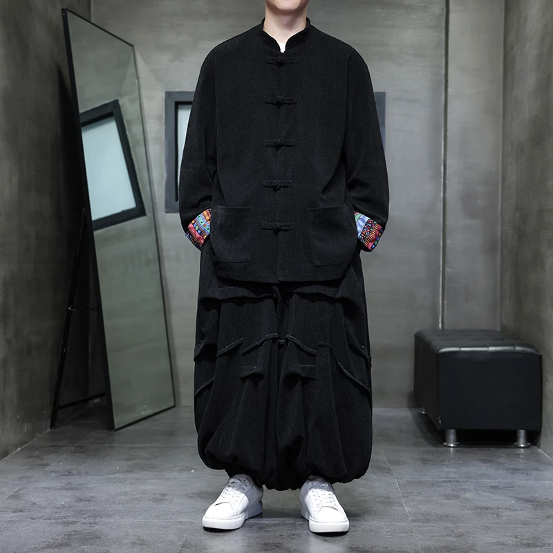 中国风居士服套装男士灯芯绒立领大码夹克复古潮牌唐装宽松中山装