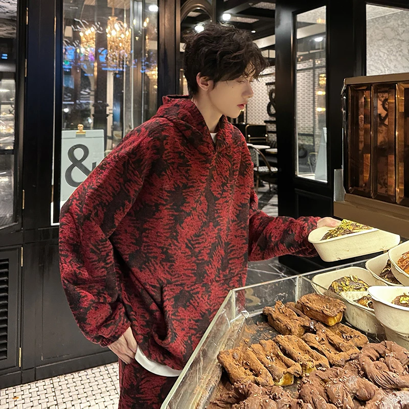 休闲运动套装男士秋冬季民族风针织卫衣男士重磅连帽青少年两件套