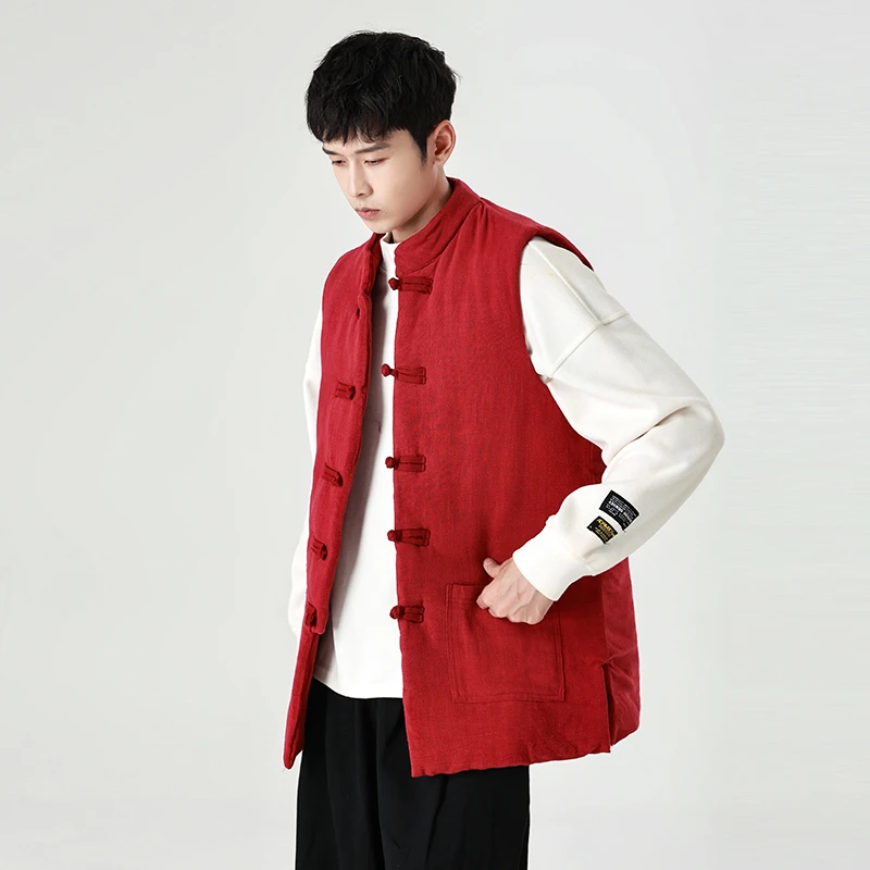 中国风红色棉马甲男立领盘扣棉麻无袖棉衣新中式唐装马褂坎肩背心