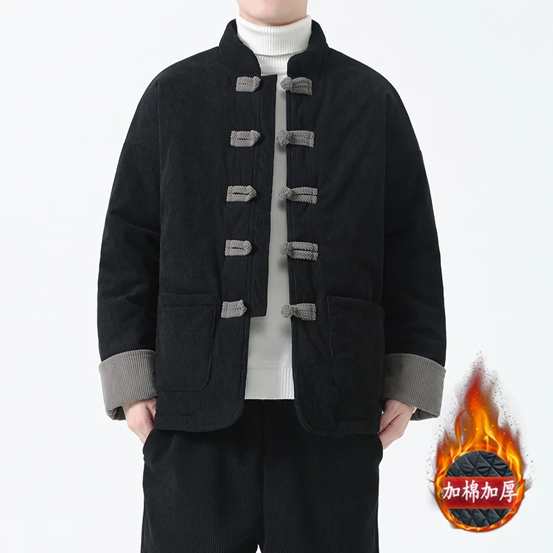 冬季男士唐装中国风灯芯绒棉衣外套新中式汉服撞色盘扣加厚棉袄子