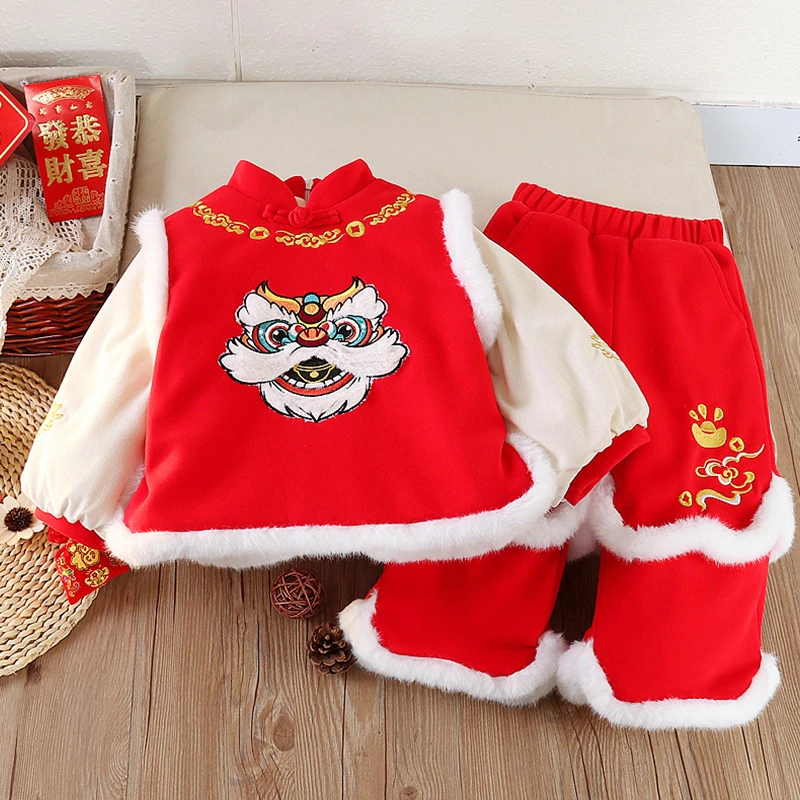 【醒狮】儿童宝宝套装冬季加厚加绒男女童小宝宝套装拜年服周岁礼