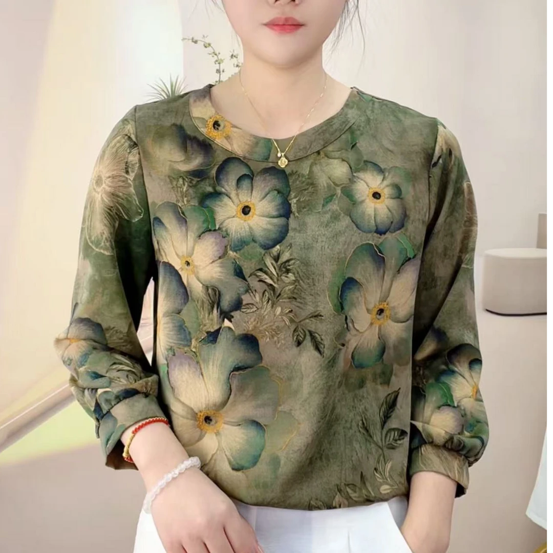 【162】2024年新款长袖衬衫中老年女装妈妈装时尚百搭圆领小衫