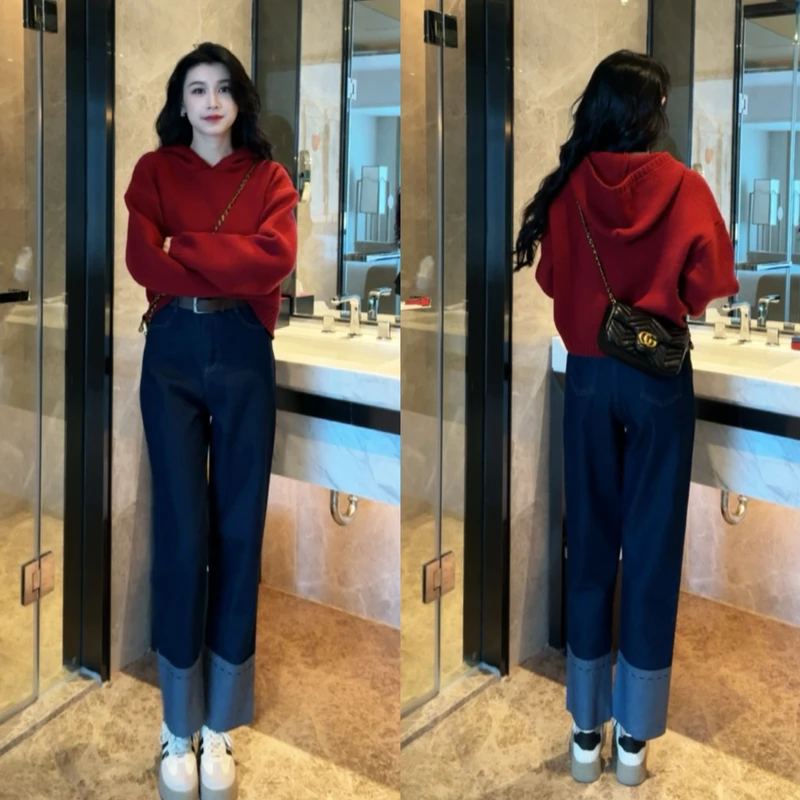 2024早秋新款休闲时尚显瘦连帽针织毛衣牛仔裤套装女