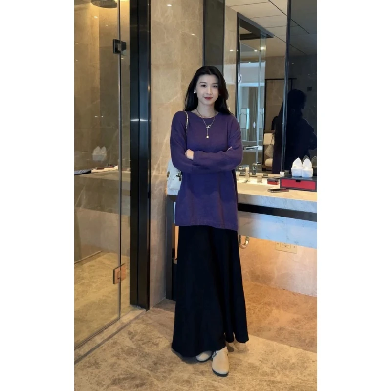 2024秋冬套头宽松慵懒风紫色长袖毛针织衫 +针织半身裙套装