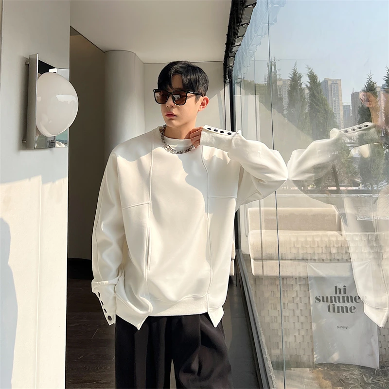 长袖卫衣圆领小众不规则下摆设计感韩版套头休闲纯色上衣潮秋季男