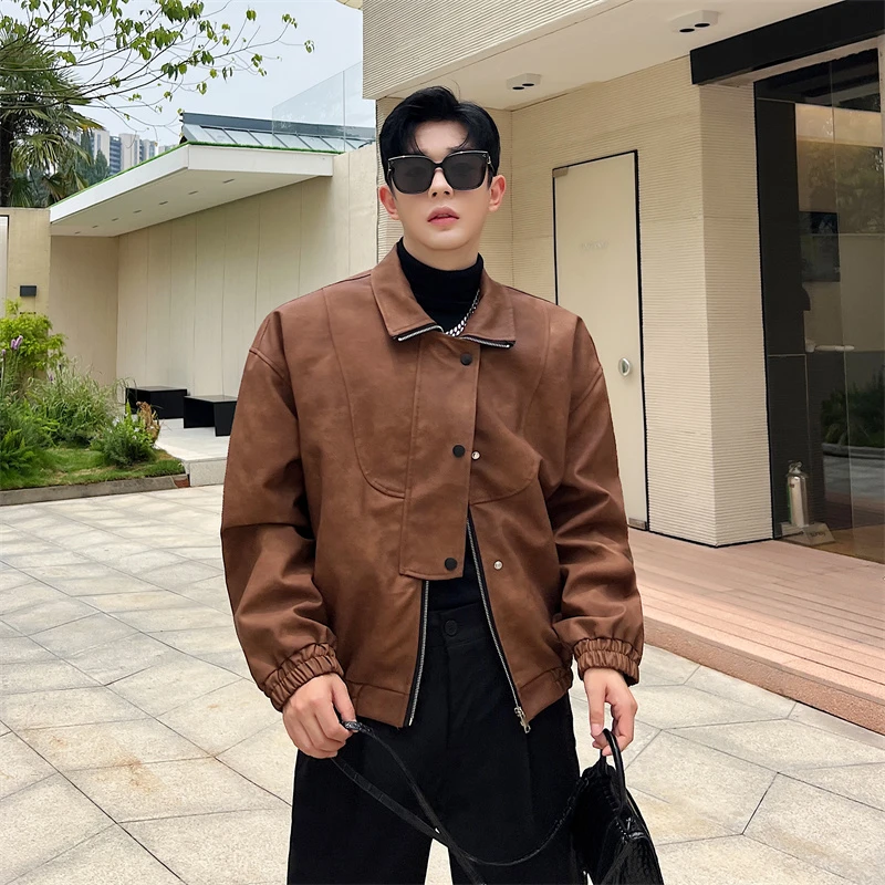 夹克男秋季美式复古油蜡皮短款上衣高级感自然肌理棕褐色痞帅外套