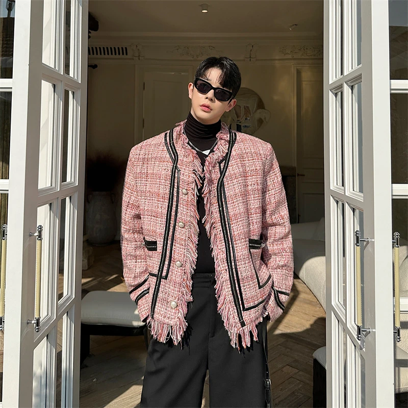 明星2024年秋冬新款毛边闪丝无领小香风粗花呢外套设计感织带拼接