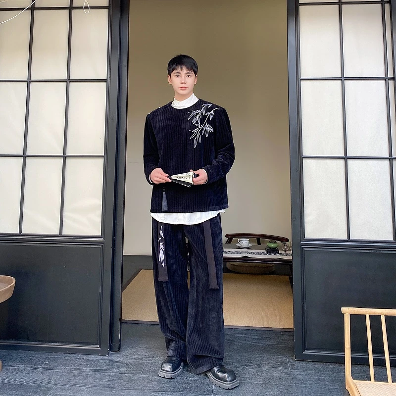 秋冬男士套装新中式刺绣圆领卫衣休闲长裤一套复古加厚国风两件套