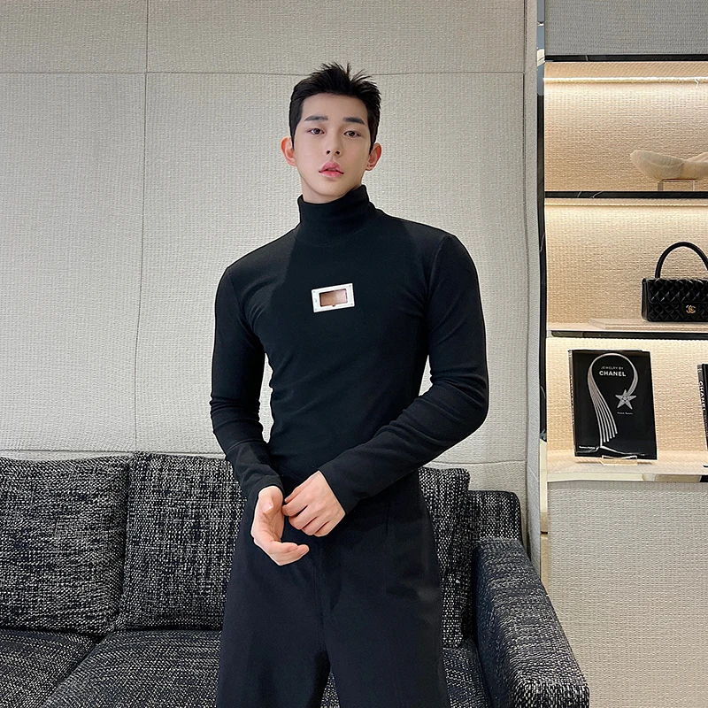 秋冬季男士百搭紧身打底衫金属镂空长袖抓绒高领长袖T恤弹力内搭