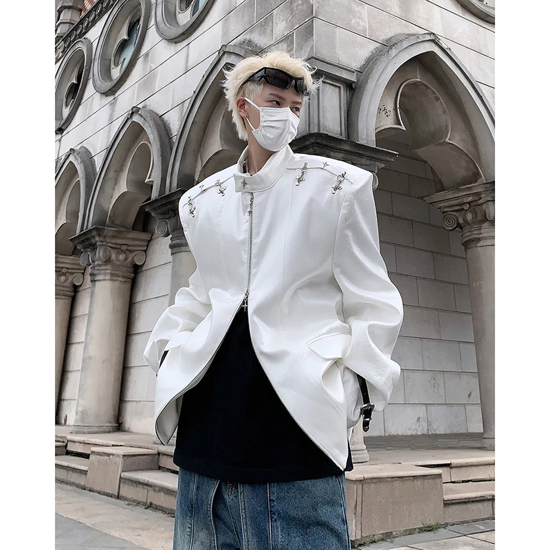 高级感外套小众金属亮光飞机扣垫肩西服胸棉品质短夹克立领西装男