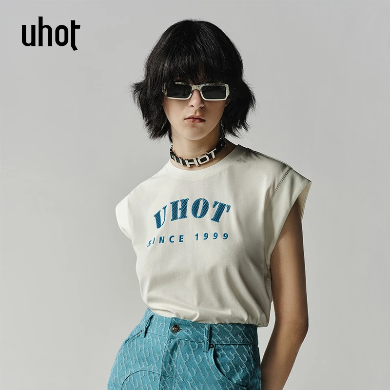 Auuuu/uhot 正肩无袖印花设计感白色T恤 UWSRC5T370