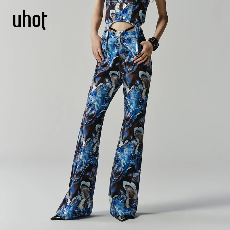 Auuuu/uhot 于文文同款 蓝色、花色微喇裤 UWSRC2K372