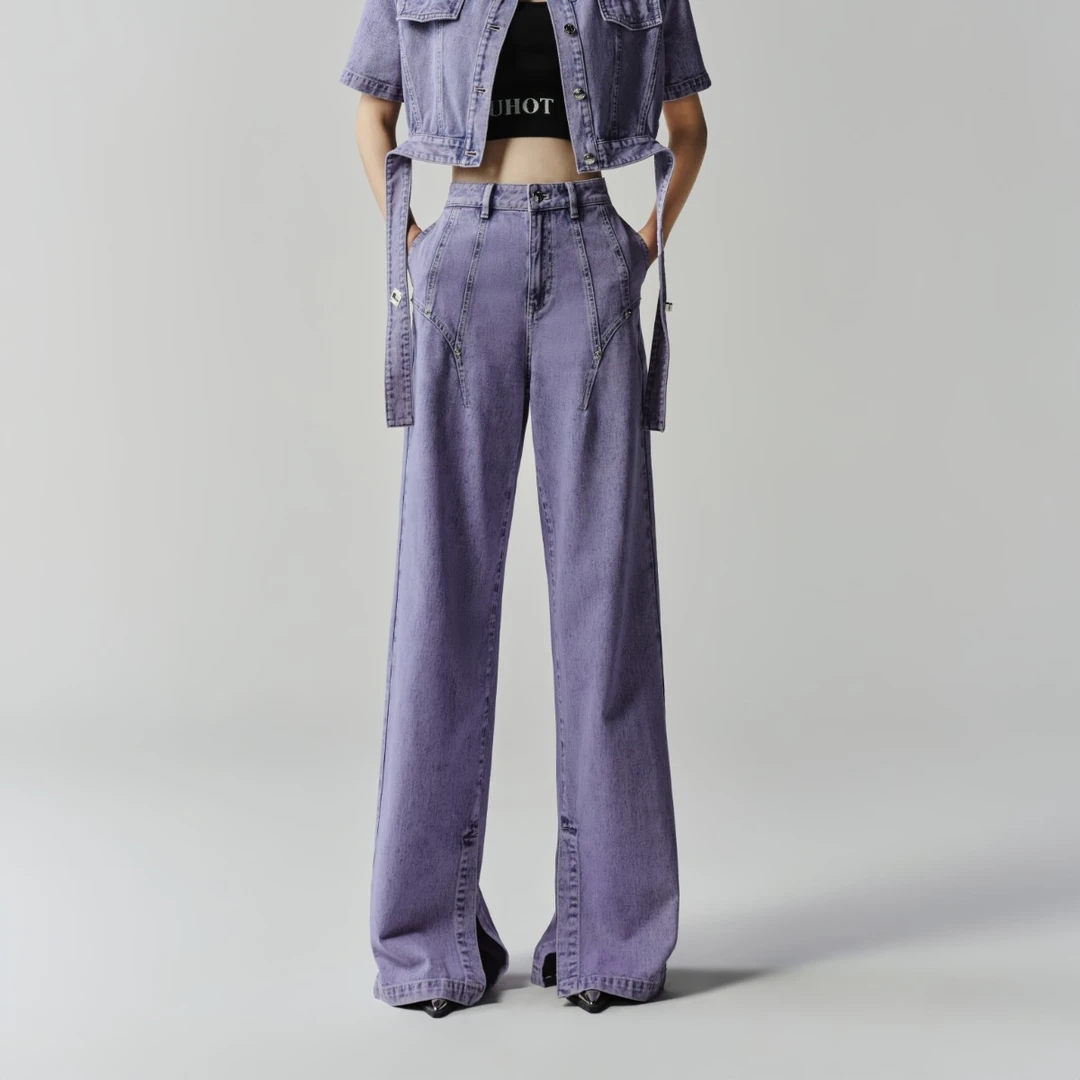 【百大穿搭】Auuuu/uhot 直筒阔腿侧开叉紫色牛仔长裤 UWSRC1K153