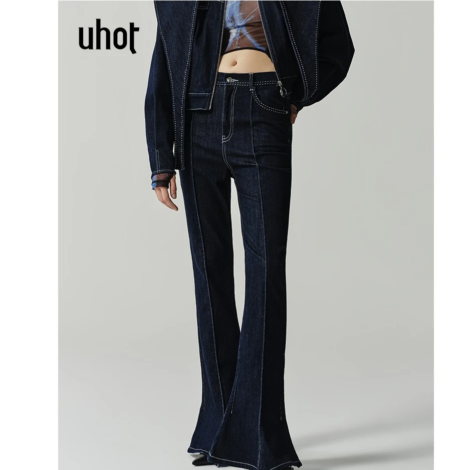 【百大穿搭】Auuuu/uhot 春季复古修身显瘦微喇牛仔长裤 UWSSC1K123